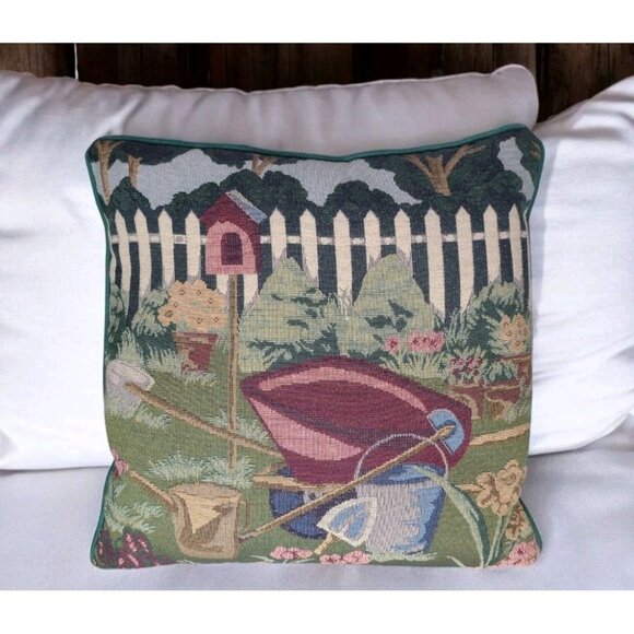 Large Vintage Tapestry Garden Scene Throw Pillow 17 x 17 Cottagecore Flowers - Picture 1 of 7